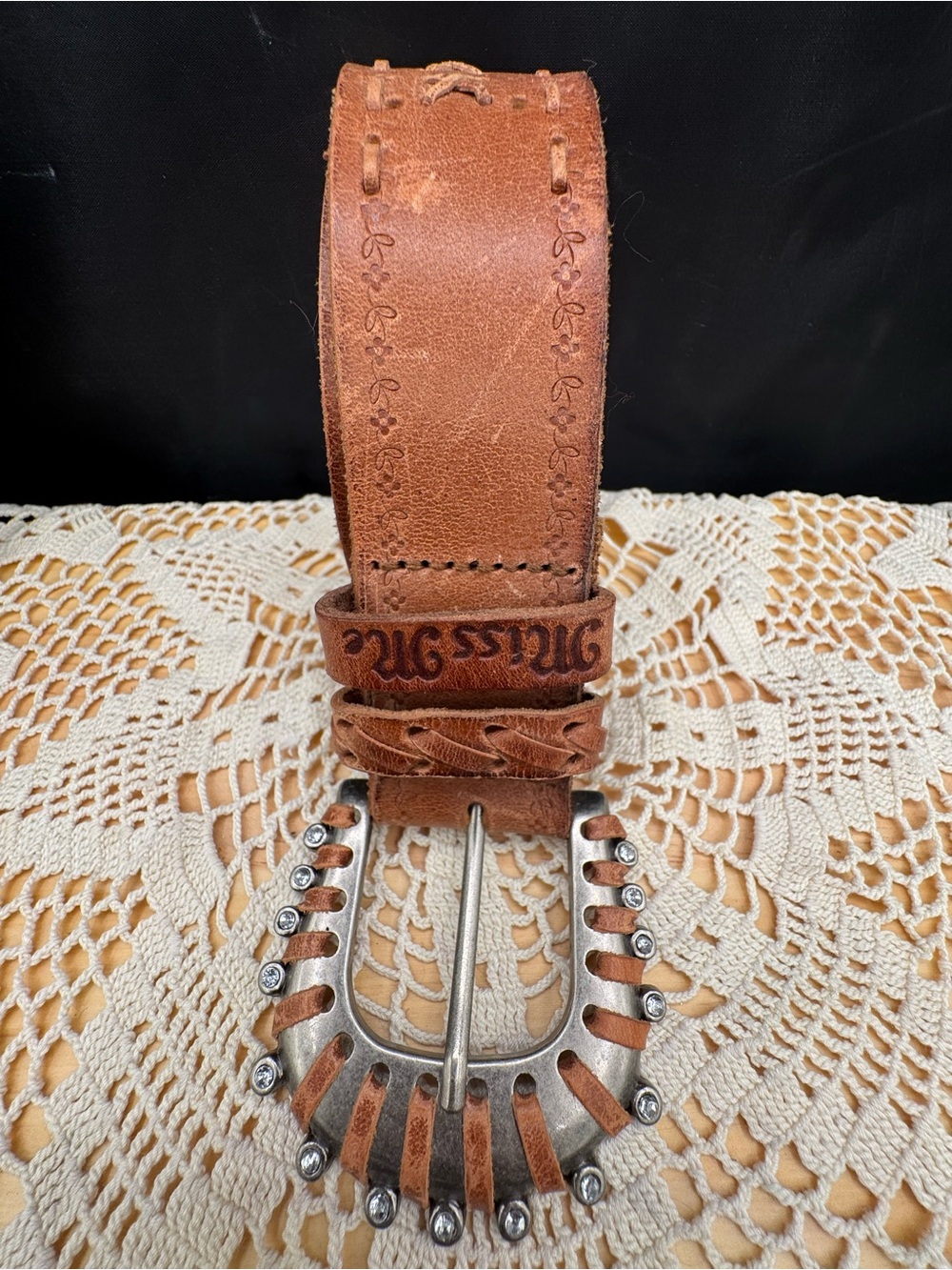 Miss Me Western Boho Style Leather Belt with Decorative Rhinestone Buckle
